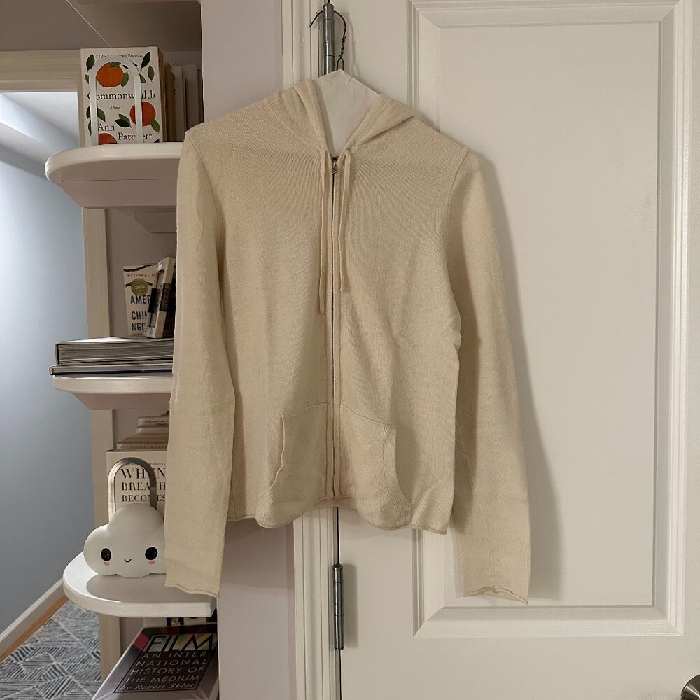 Ivory J.Crew 100% Cashmere Hooded Zip Up Cardigan - Size M